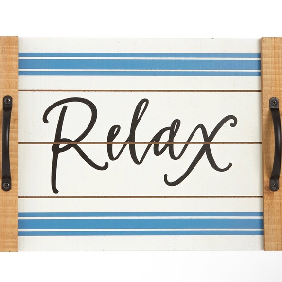 NWT - NEW Relax Wooden Tray Bathroom Home Decor Beach Coastal Blue White Striped - Picture 3 of 4